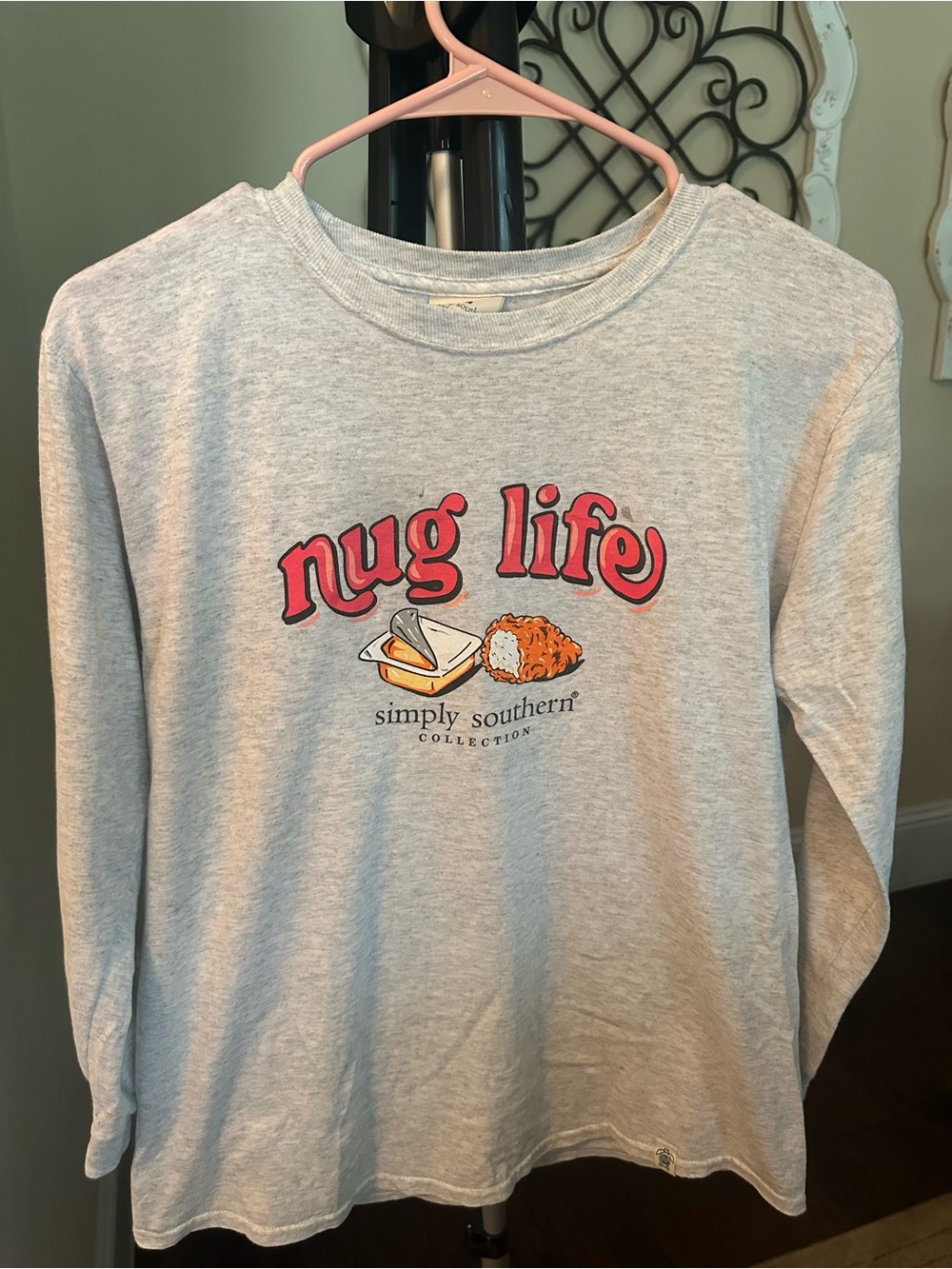 Simply Southern Gray 'Nug Life' Long Sleeve Tee with Red & Orange Graphic